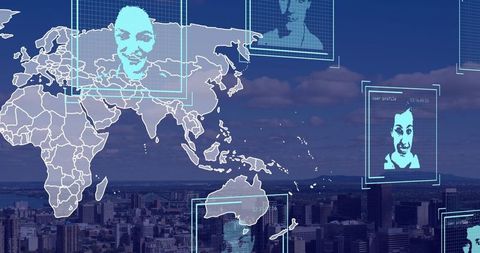 Global digital network with facial recognition and world map
