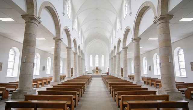 Bright vaulted cathedral nave with symmetrical columns and wooden pews leading to altar