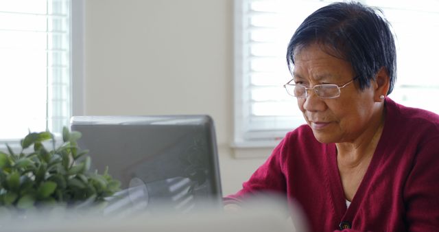 Senior woman wearing glasses using a laptop at home. Ideal for themes related to remote work, senior education, technology use among elders, and home office environments.