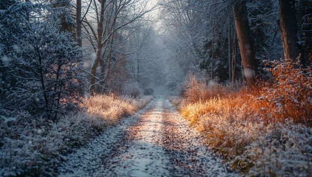 Serene Winter Pathway Through Frosted Forest Tranquility