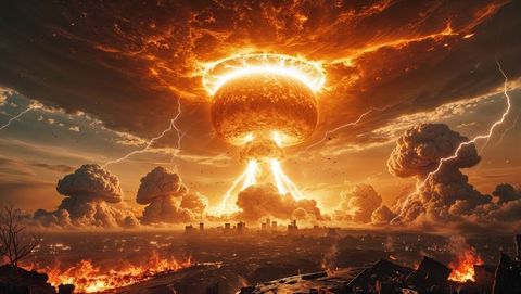 Dramatic apocalypse scene with fiery explosion over city