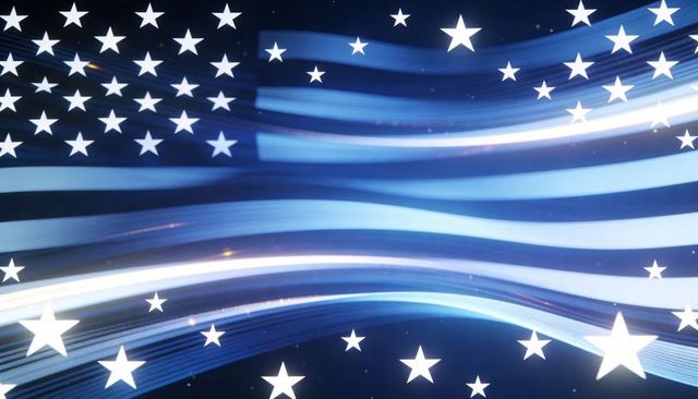 Glowing abstract american flag with waving blue light trails and floating white stars