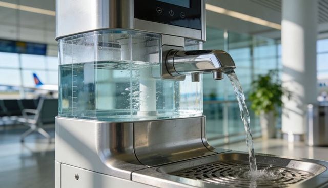 Stainless steel water dispenser tap dispensing clear stream in modern airport terminal