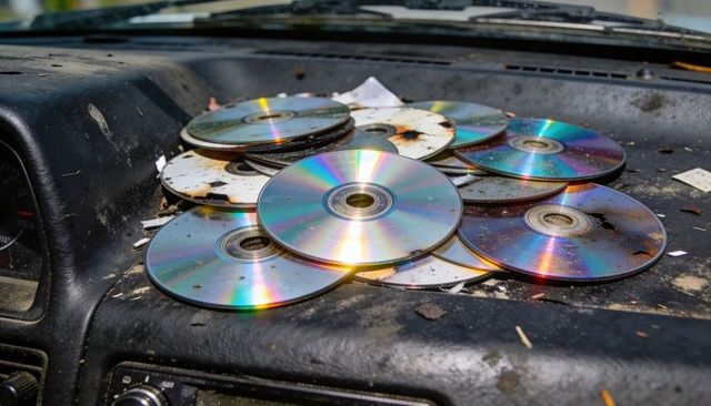 Scratched compact discs piled on sunlit car dashboard showing rust, dirt and rainbow reflections