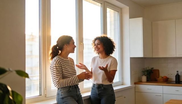 Two women chatting by sunlit kitchen window sharing warm conversation and laughter