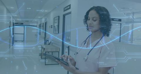 Female Doctor Analyzing Medical Data with Futuristic Interface