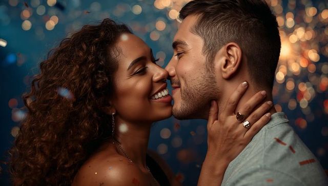 Romantic couple leaning in, kissing amid confetti and warm golden bokeh celebration