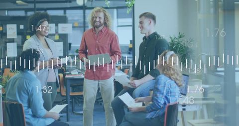 Business Team Meeting with Financial Data Concept Overlay