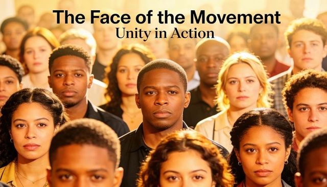 Centered leader standing in diverse crowd representing unity, solidarity and movement