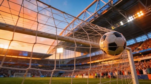 Soccer ball hitting net at golden hour in packed stadium with celebrating fans