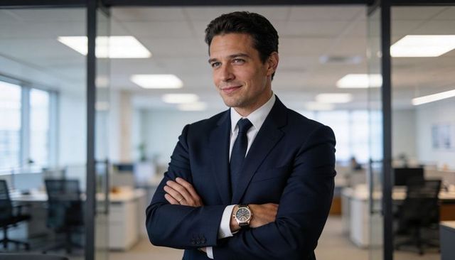 Confident executive standing, crossing arms, looking in modern glass office, navy suit