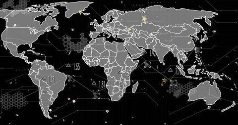 Futuristic Global Data Map Showing Hexagon Clusters, Numeric Metrics and Network Connectors