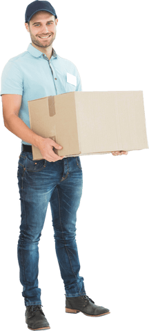 Smiling courier man holding cardboard box on transparent background