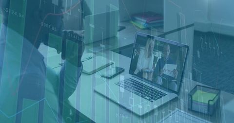 Remote team collaborating on laptop with financial candlestick charts and data overlay