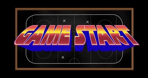 Preview game action with retro style text overlay