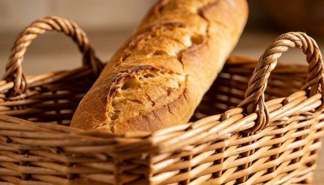 Rustic crusty baguette resting in woven wicker basket on wooden table, artisan bakery style