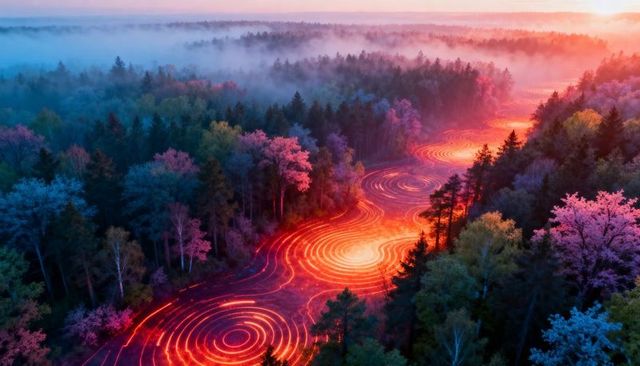 Glowing winding light river weaving through misty forest with orange-red concentric rings