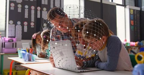 Teacher guiding students around laptop with holographic globe in modern classroom stem