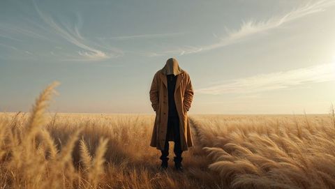 Trench coated figure stands alone in serene golden grass field, forgiveness concept