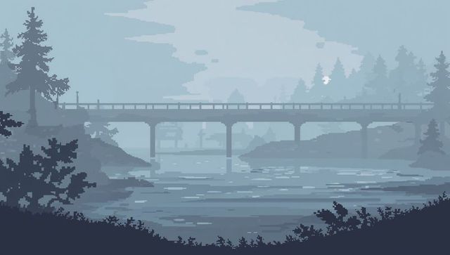 Misty pixel-art bridge spanning quiet river with evergreen silhouettes and foggy overpass