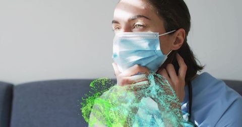 Nurse adjusting surgical mask with virus overlay showing infection risk and ppe strain