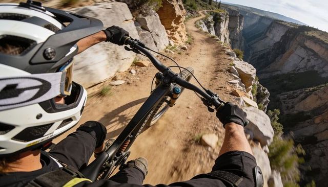 Pov mountain biking along narrow canyon rim trail steering full-suspension bike