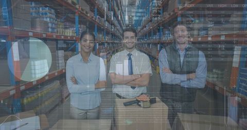 Diverse Team Overseeing Warehouse Operations with Financial Data Overlay