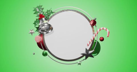 Festive Christmas Frame with Holiday Decorations on Green Background