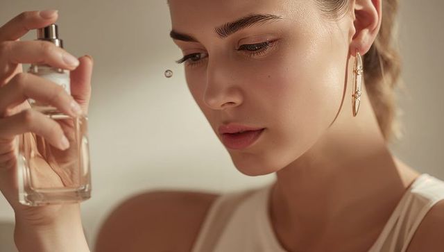 Close-up woman spraying perfume near face with gold hoop earrings soft warm beauty
