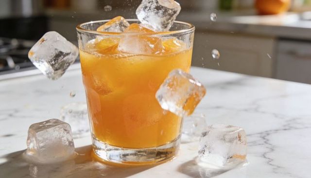 Ice cubes splashing into orange citrus drink on marble countertop, refreshing beverage