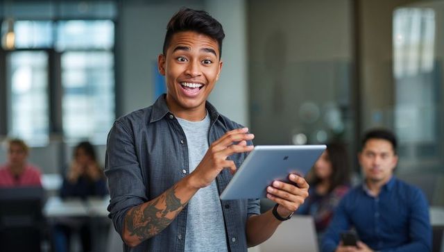 Young Asian man presenting with tablet in modern classroom, engaging tech training