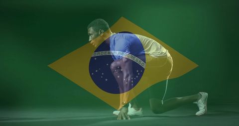 Brazil Flag Overlay on African American Athlete Preparing to Sprint