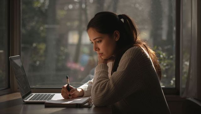 Young woman writing at window desk in warm daylight, studying and reflecting quietly