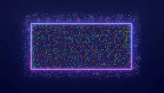 Glowing futuristic neon pixel panel with colorful led grid and magenta cyan halo frame