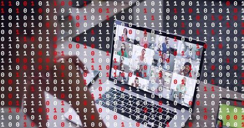 Remote team collaborating on secure video conference with cybersecurity binary overlay