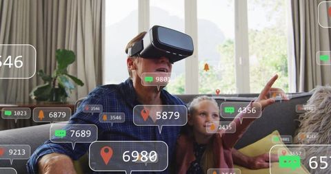 Grandfather and Granddaughter Immersed in VR Technology with Floating Overlays
