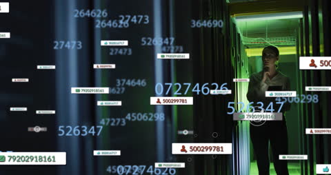 Female Technician Analyzing Server with Digital Data Visualizations