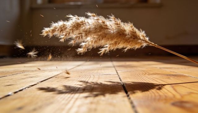 Sunlit pampas plume shedding seeds across rustic wooden floor casting feathery shadow