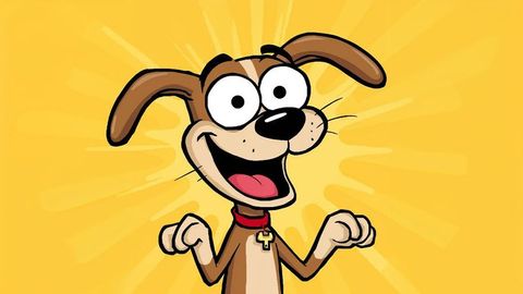 Cheerful cartoon dog with red collar on yellow background