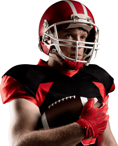 Transparent rugged football player holding ball