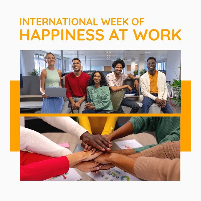 Digital portrait of happy multiracial coworkers with international week of happiness at work text. Digital composite, workplace, celebration, employee happiness are integral to business's success.