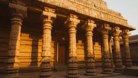 Sunlit Ancient Temple Veranda with Intricate Carvings