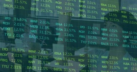 Business team analyzing digital stock ticker overlay on office glass with reflections