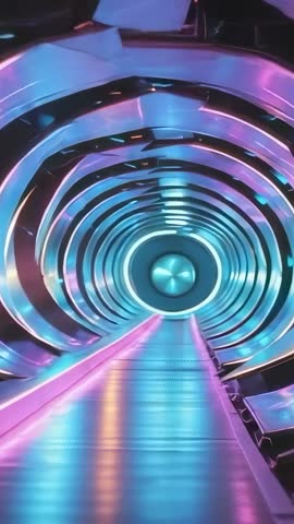 Gliding Through Neon Spiral Tunnel Toward Futuristic Hub — Vertical Cyberpunk Motion Loop
