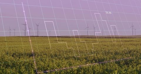 Overlaying wind farm and graph over flowering crop field