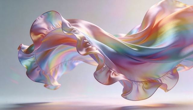 Iridescent Satin Ruffle Floating in Pastel Light with Pearlescent Sheen and Scalloped Hem
