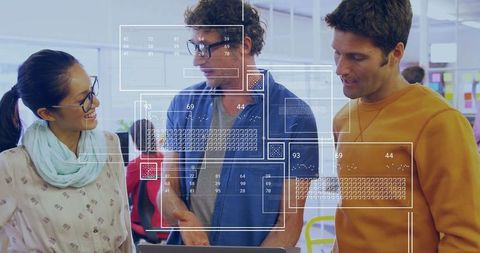 Innovative Team Collaborating with Data Overlays in Modern Office