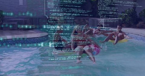 Relaxing friends floating in backyard pool with neon code overlay augmented digital lifestyle