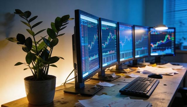Displaying multimonitor trading desk showing live stock charts on wooden desk with plant and lamp