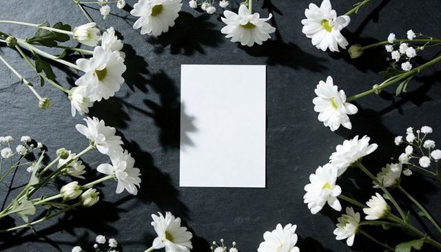 Blank white card resting on dark slate with daisies and baby's breath elegant flatlay
